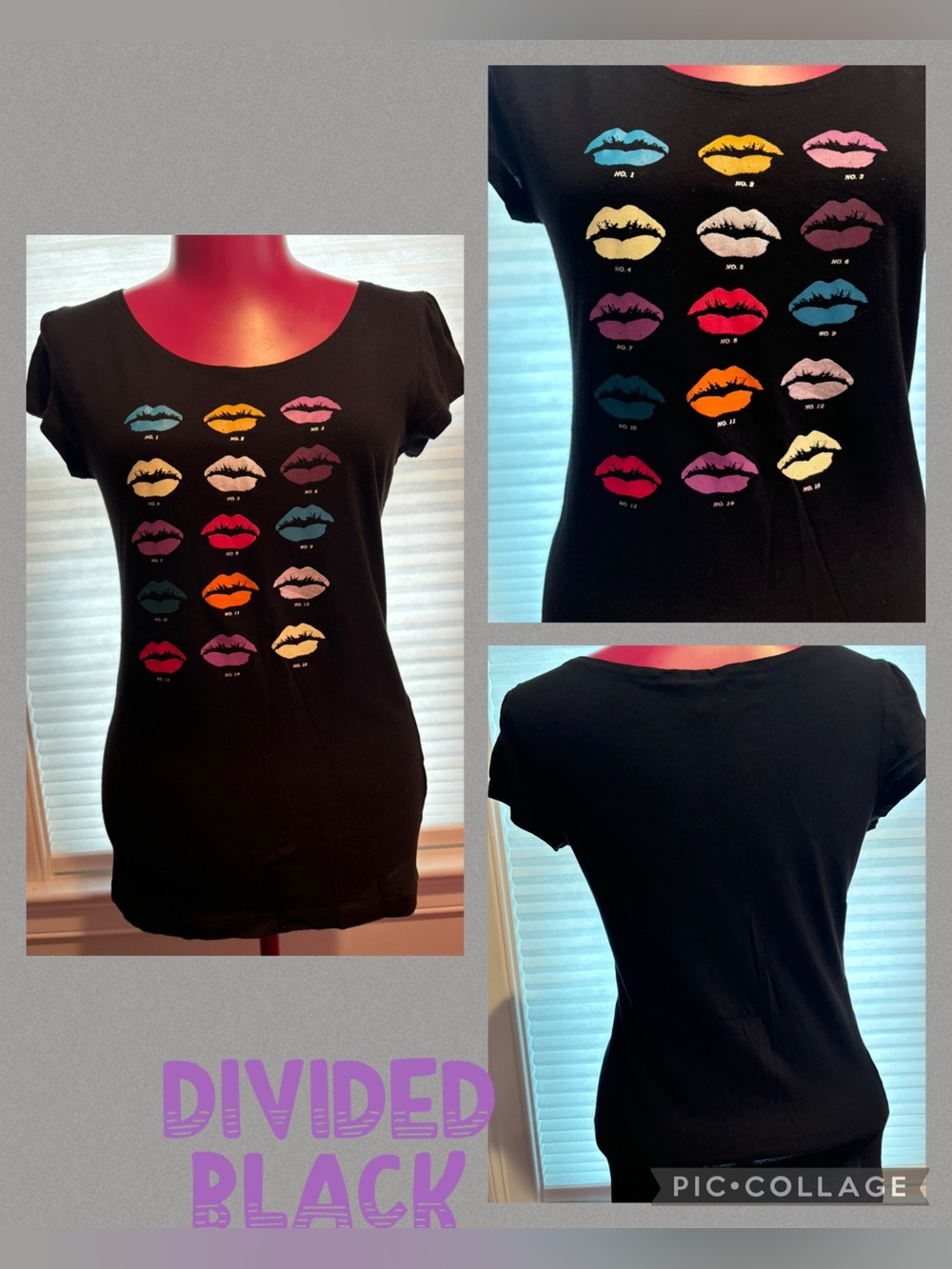 Divided Black short sleeve 👄 lips graphic T-shirt by H&M vintage 8(M)